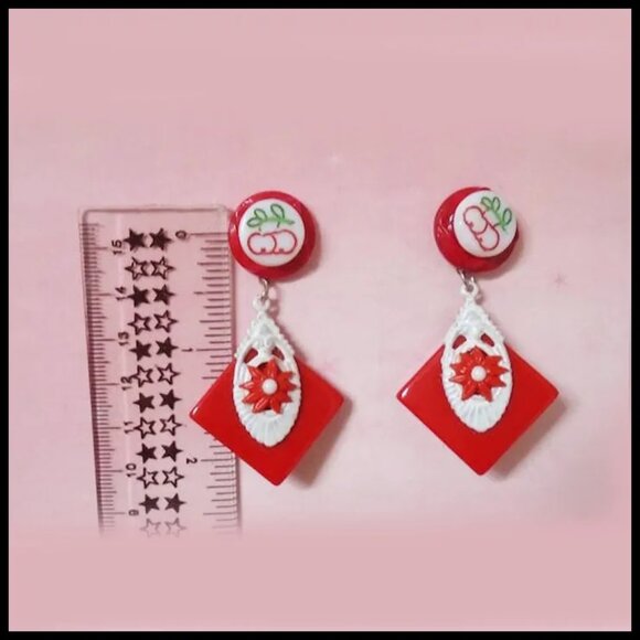 Dangle Earrings Red White Earring Set One of a Kind Recycled Vintage - Picture 2 of 6